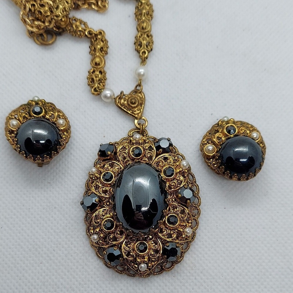 Vintage West Germany Gold Tone Hematite Faux Pearlโ Filigree Necklace Earrings